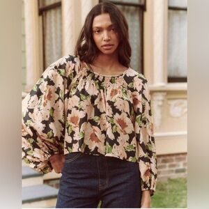 THE GREAT. Magpie Black and Peach Floral Blouse